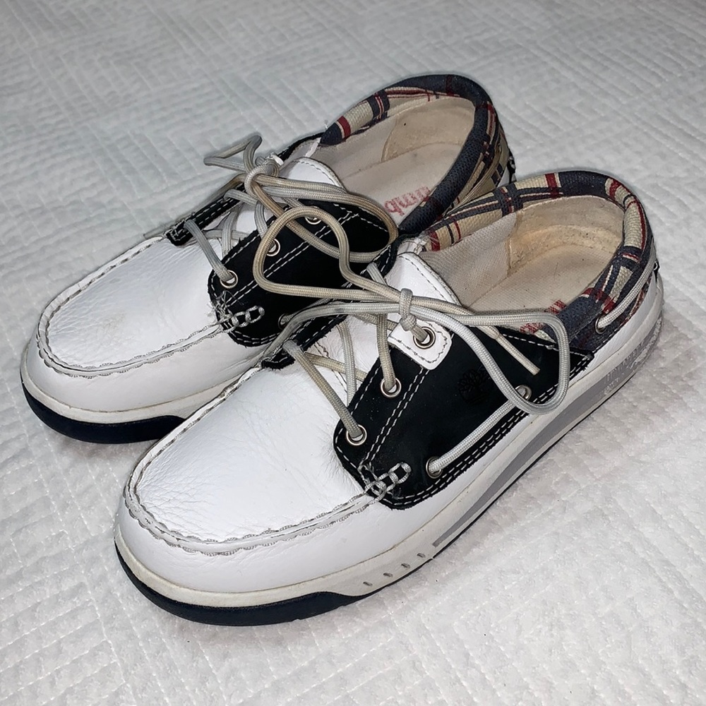 Timberland White & Black Leather w/ Plaid Detail Lace Up Boat Shoes, Size 6.5M